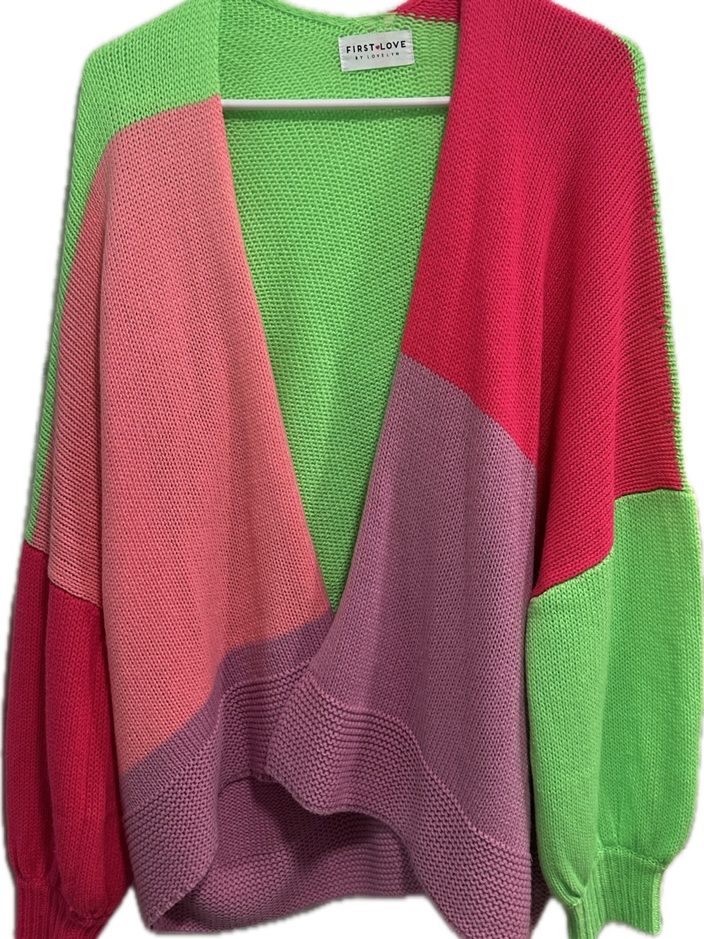 First Love Colorblock V-Neck Cardigan – Lime Green, Coral Pink & Lavender